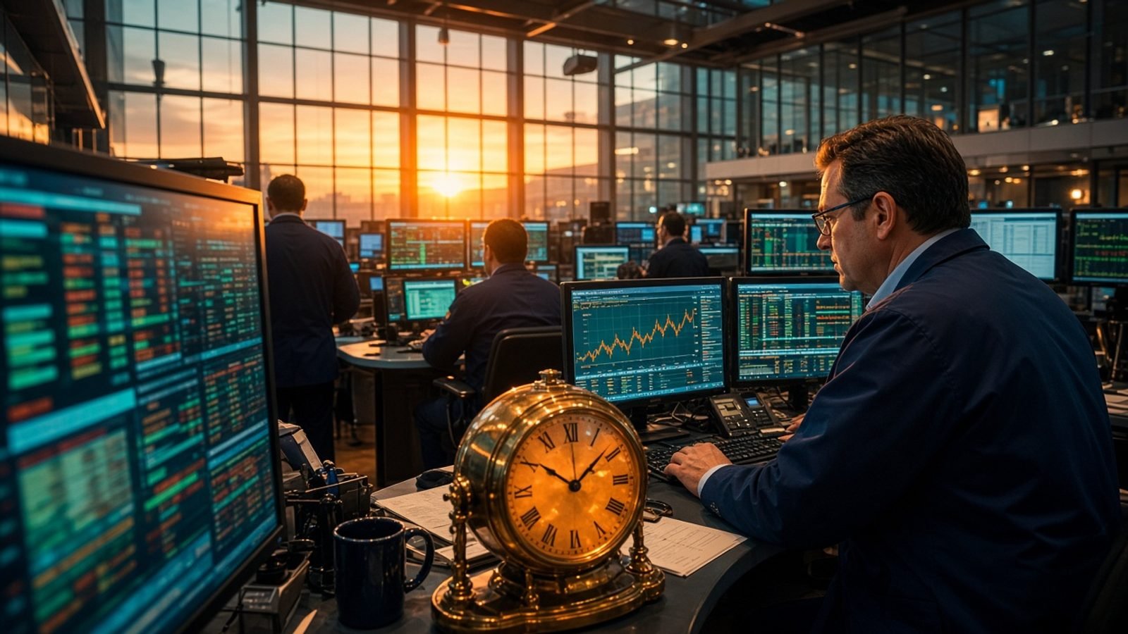 A bright midday trading floor with teal and amber screens
