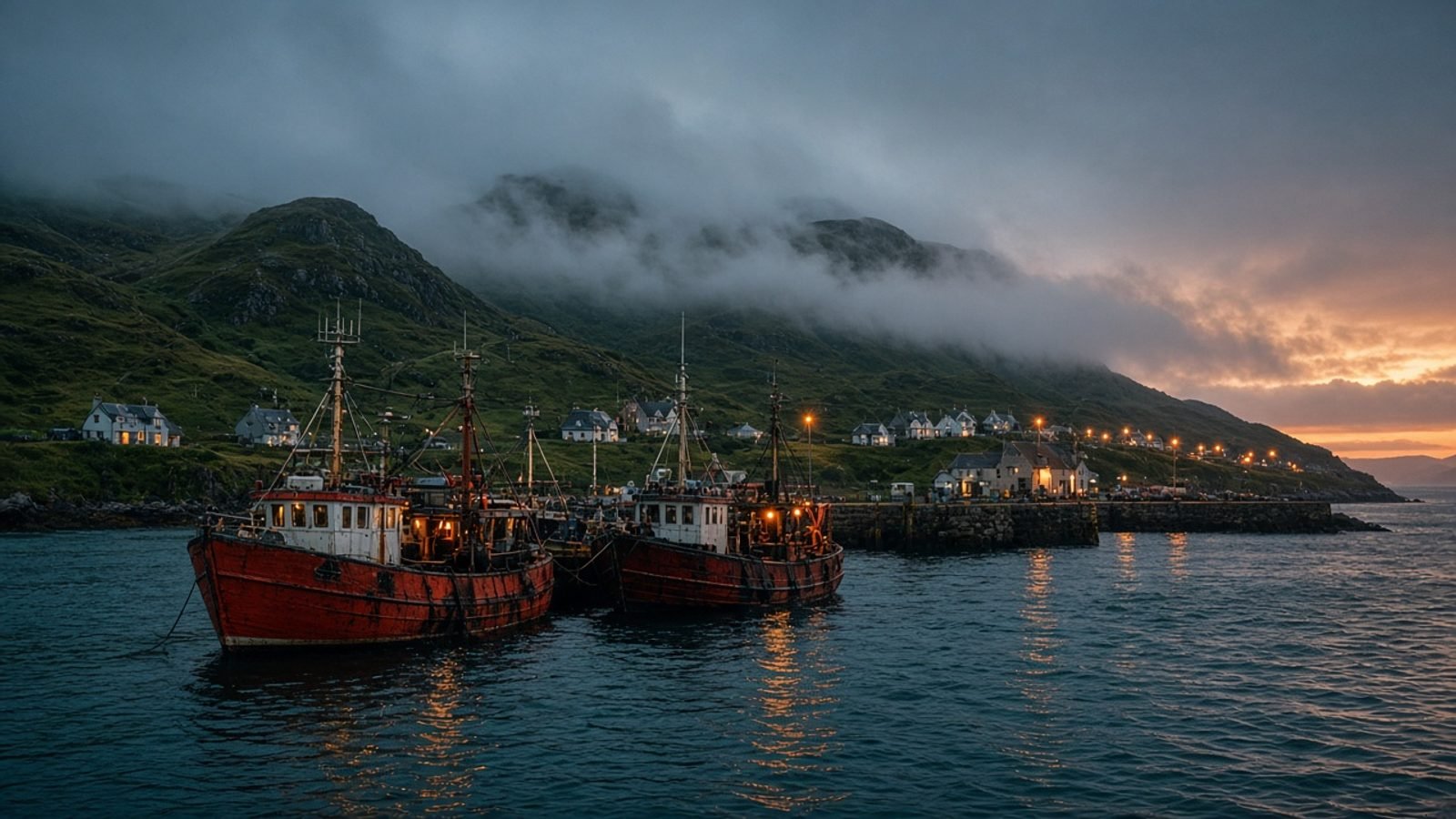 A foggy teal harbor with rust-red boats and orange lamps at dusk