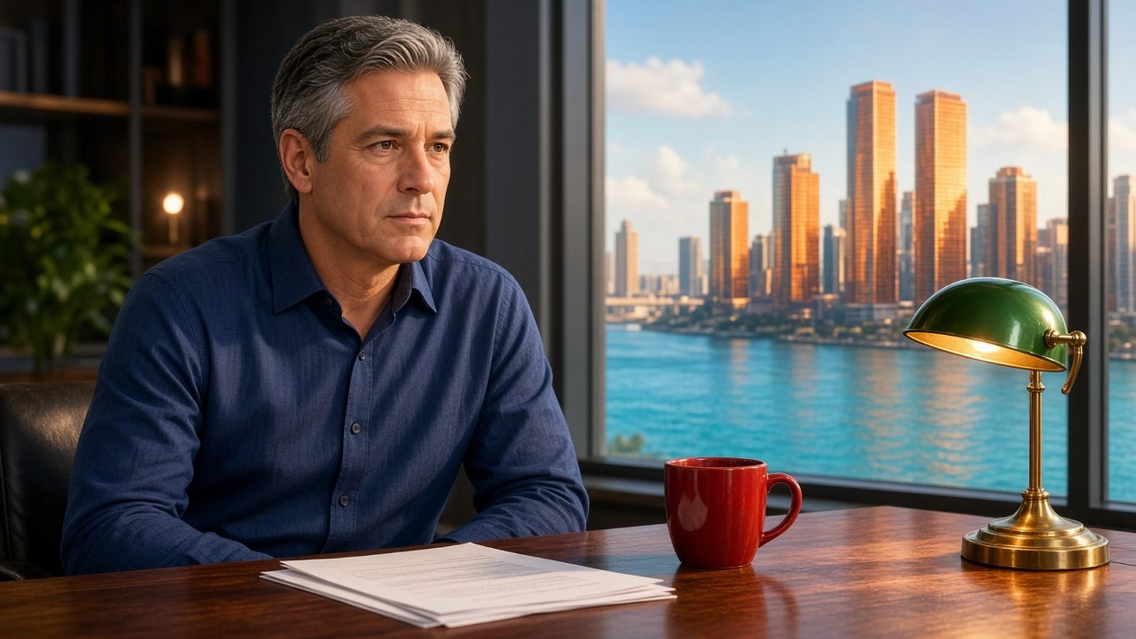 A midday news desk with a red mug and sunlit glass towers