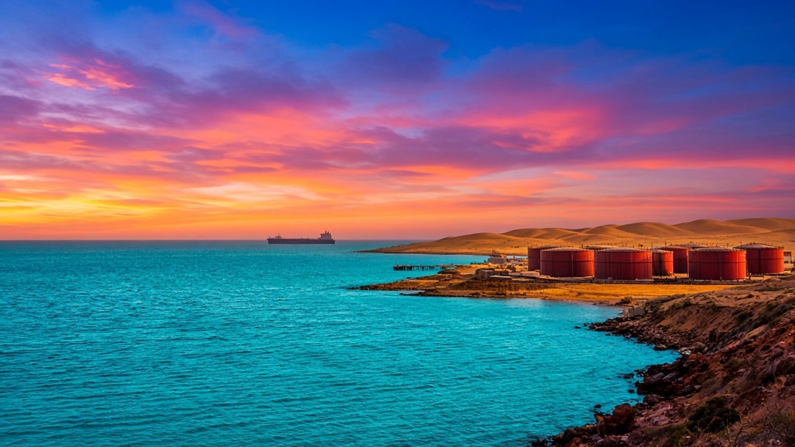 Turquoise Red Sea water, rust-red oil tanks, and an orange-pink desert sunset