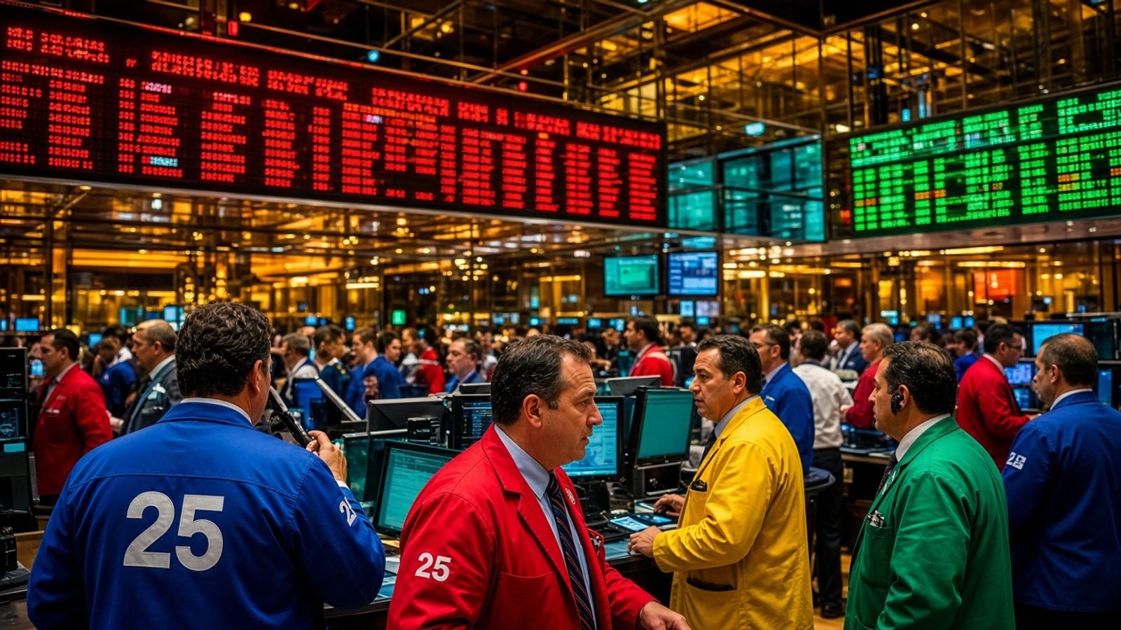 A closing-bell trading floor with red and green tickers and amber lights