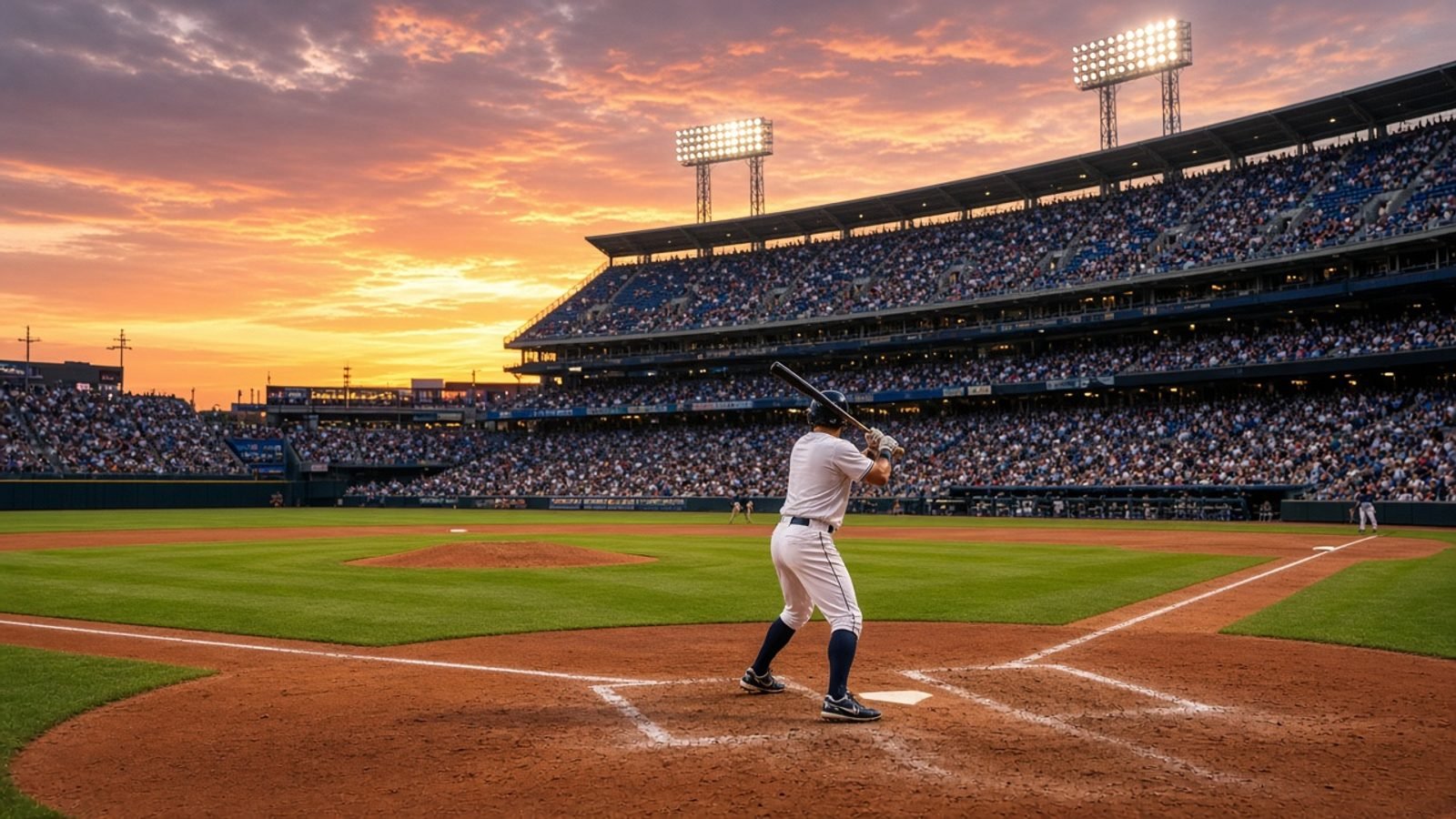 A sunset baseball diamond with vivid green grass, red dirt, and royal-blue seats