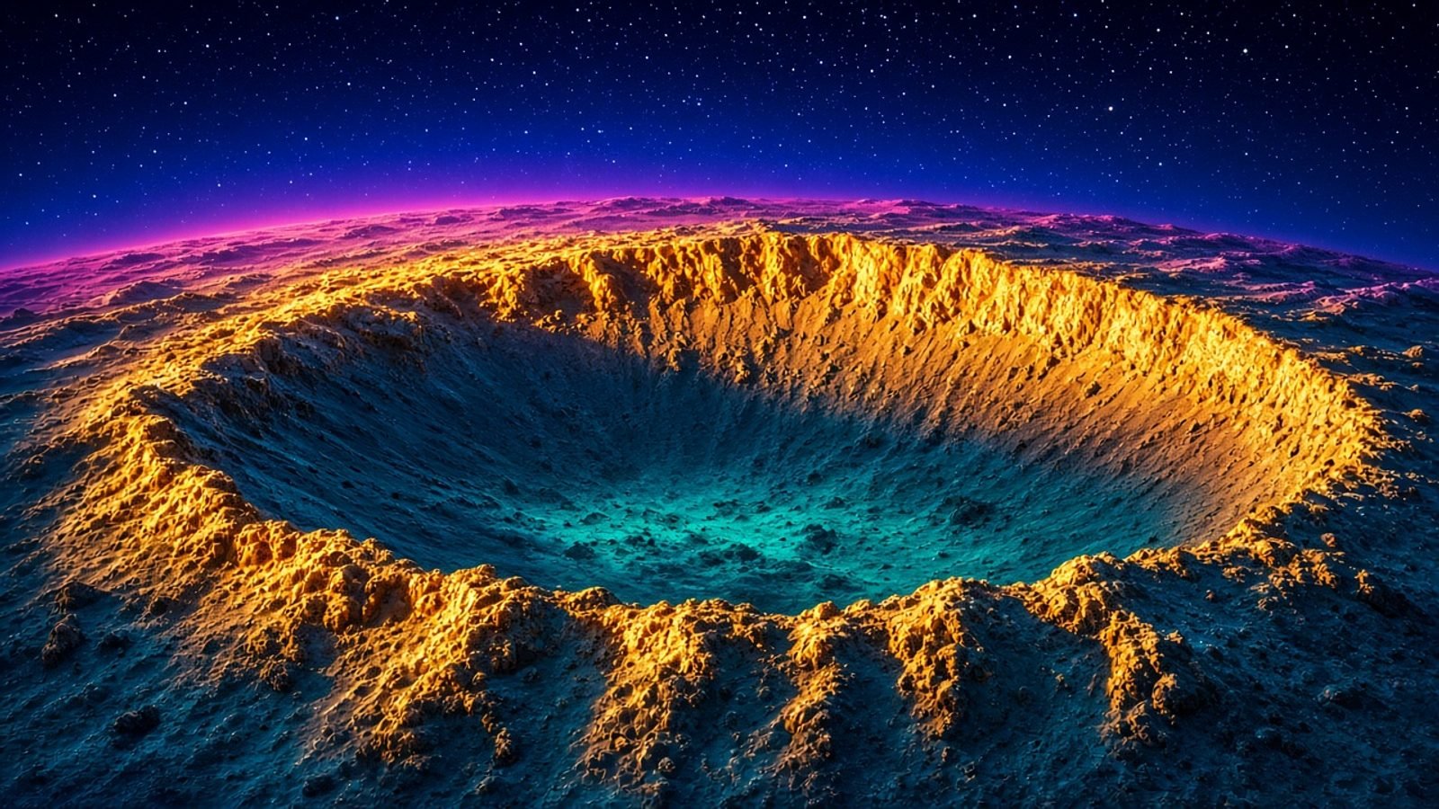 A gold-lit lunar crater under a cobalt sky with an orange sun flare