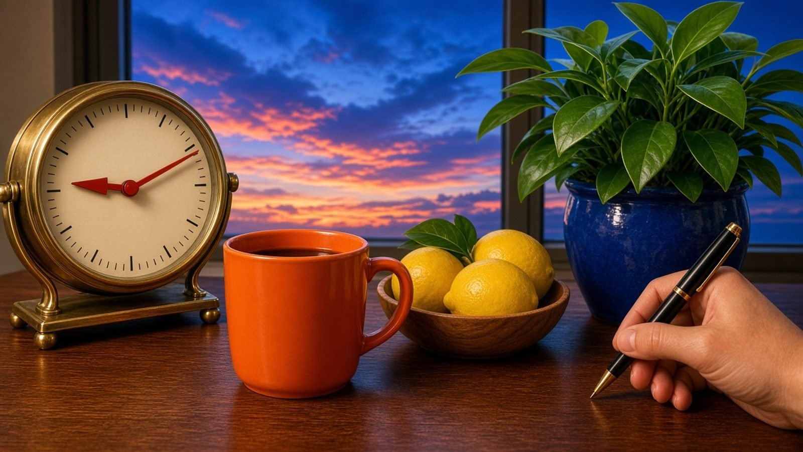 An evening table with a red-handed clock, orange mug, yellow lemons, and a green plant