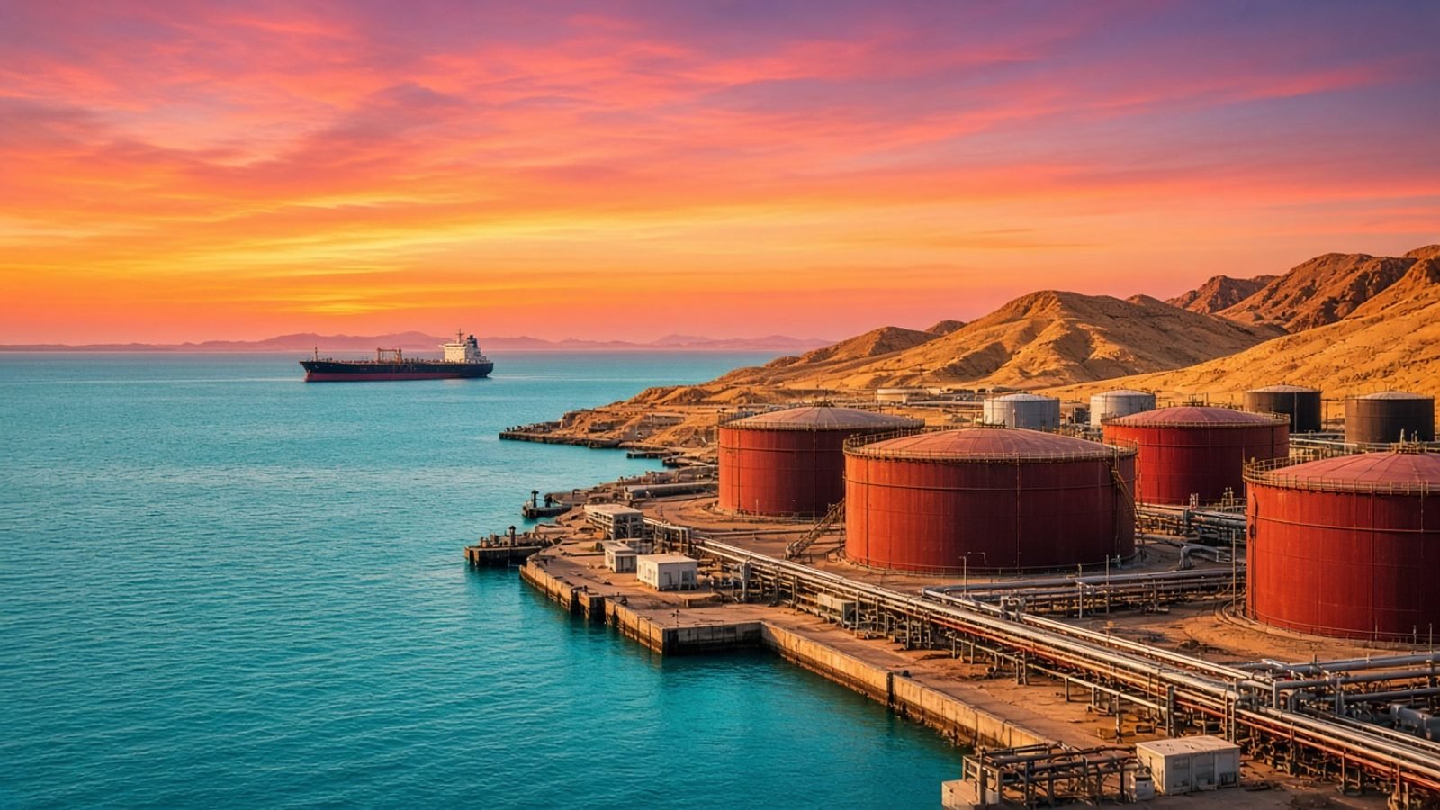 Turquoise Red Sea water, rust-red oil tanks, and an orange desert dawn