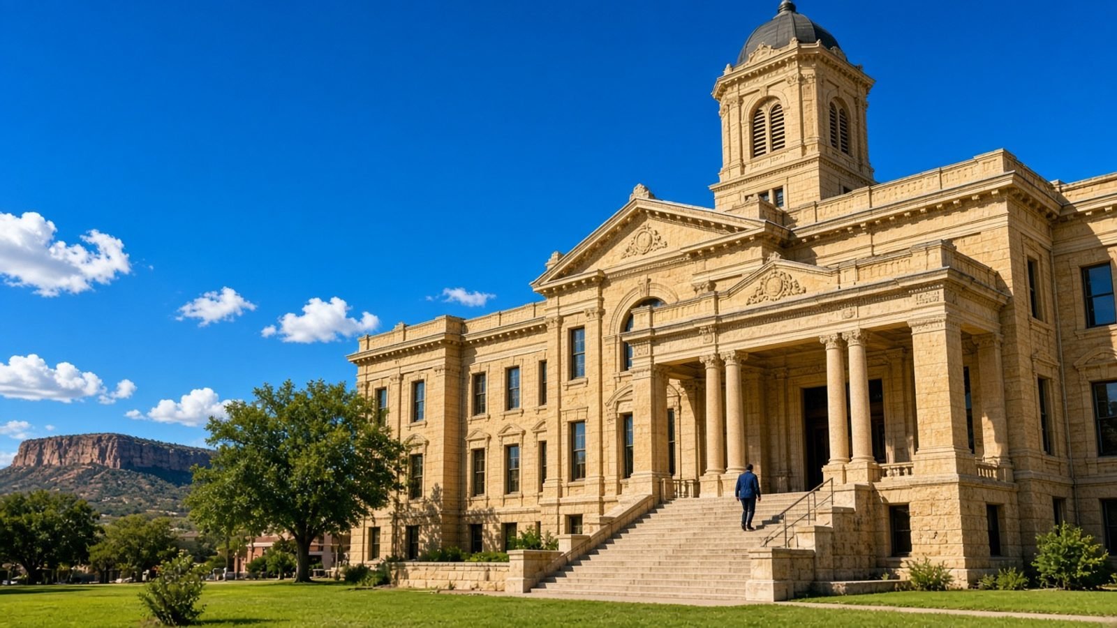 A gold West Texas courthouse under a cobalt sky with a green lawn