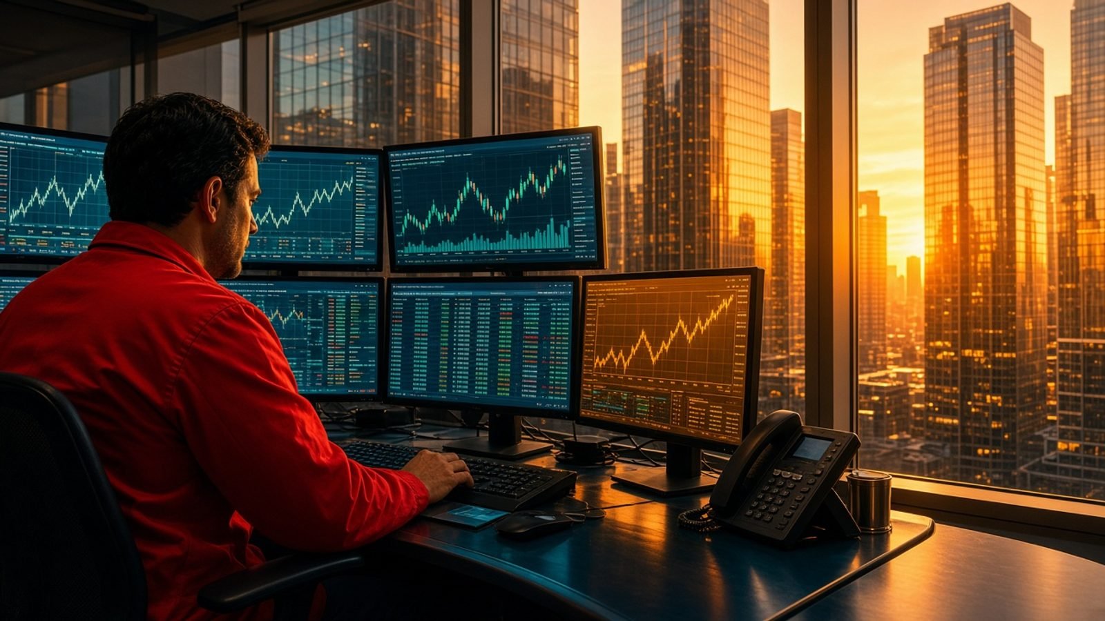 A dawn trading desk with teal screens, gold light, and orange glass towers