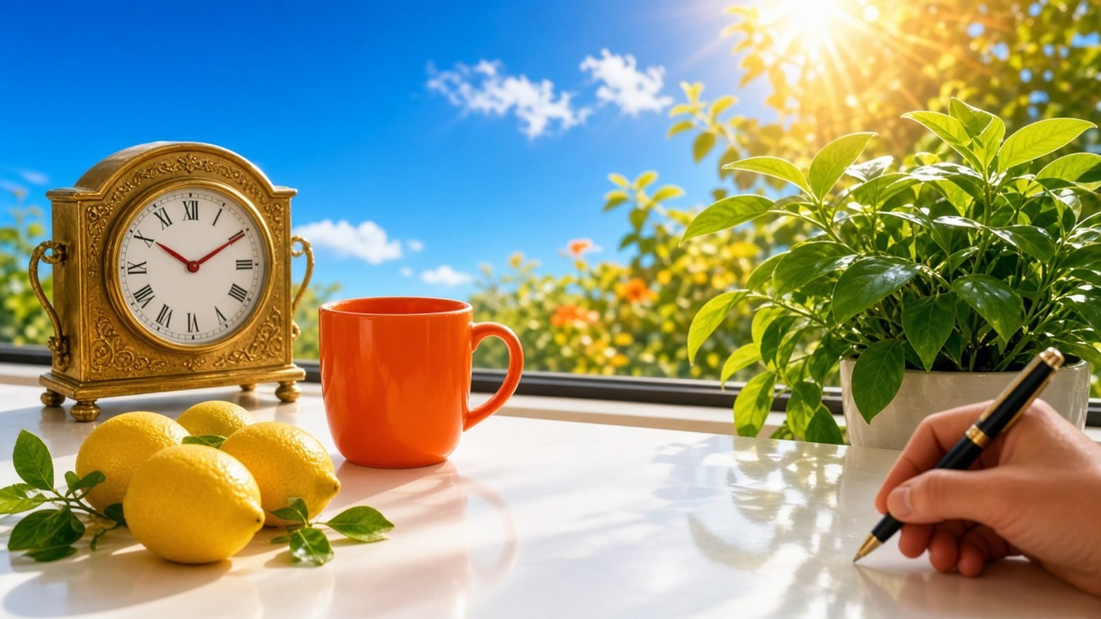A bright morning table with a red-handed clock, orange mug, and yellow lemons