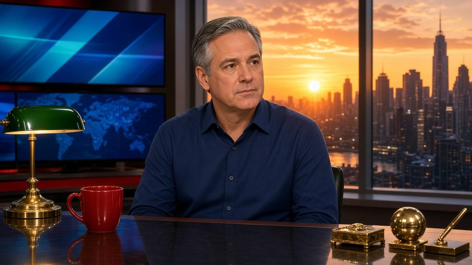 A Friday morning news desk with a red mug, green lamp, and orange sunrise skyline