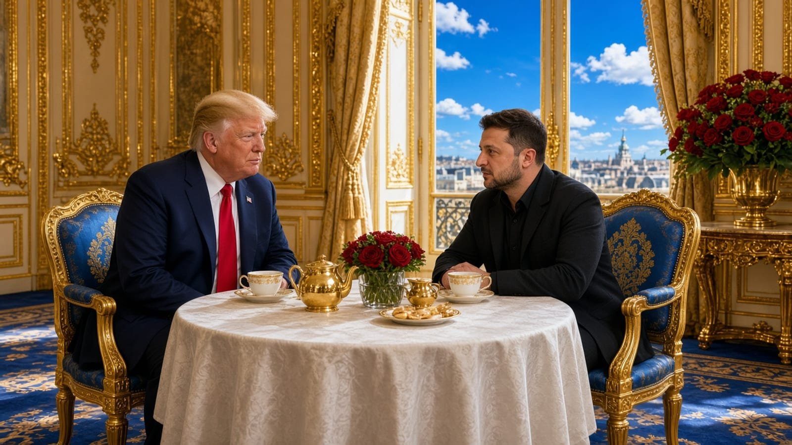A gold White House tea room with royal-blue carpet and red flowers