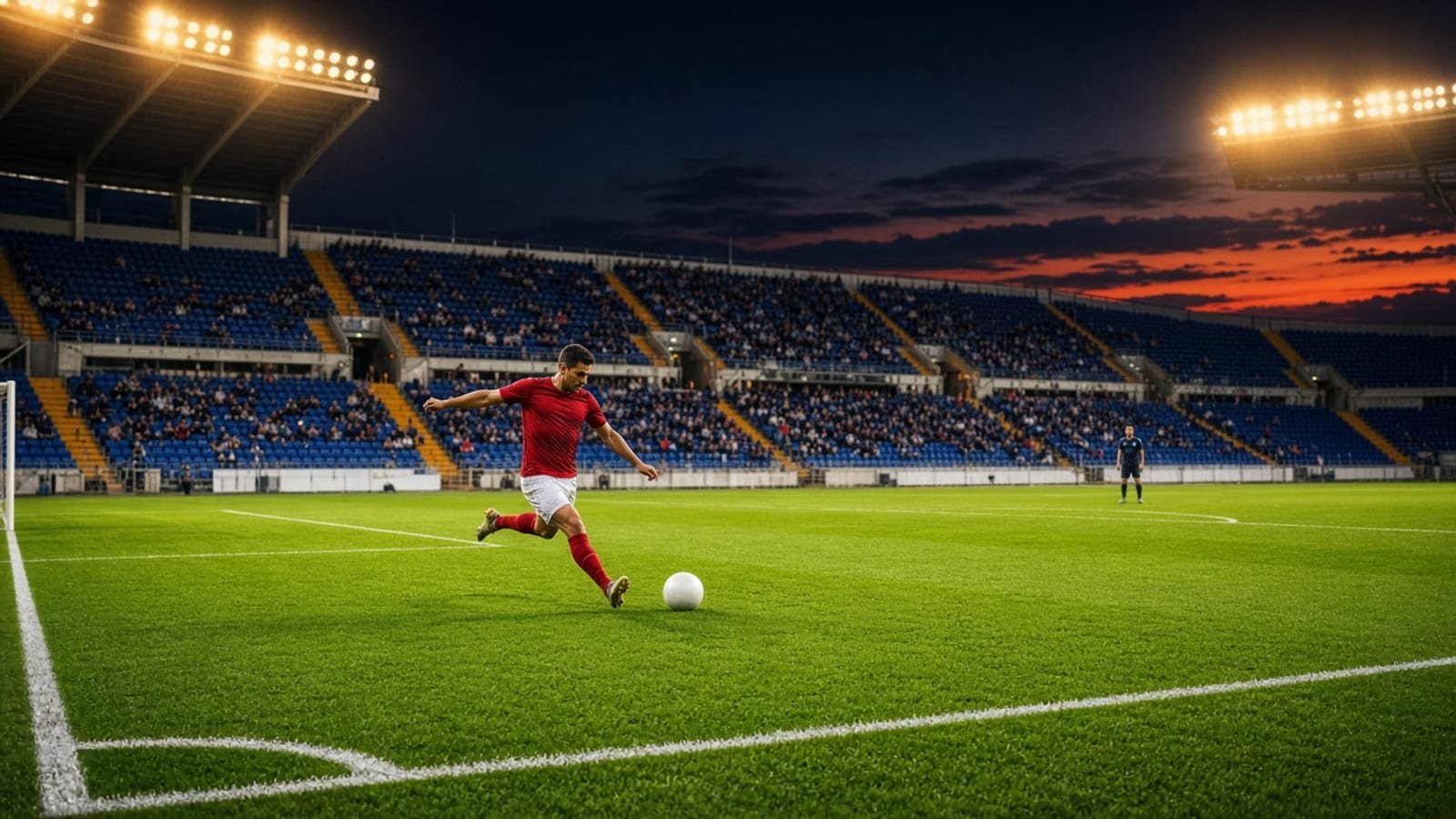 A soccer pitch under gold floodlights with a red jersey on green grass