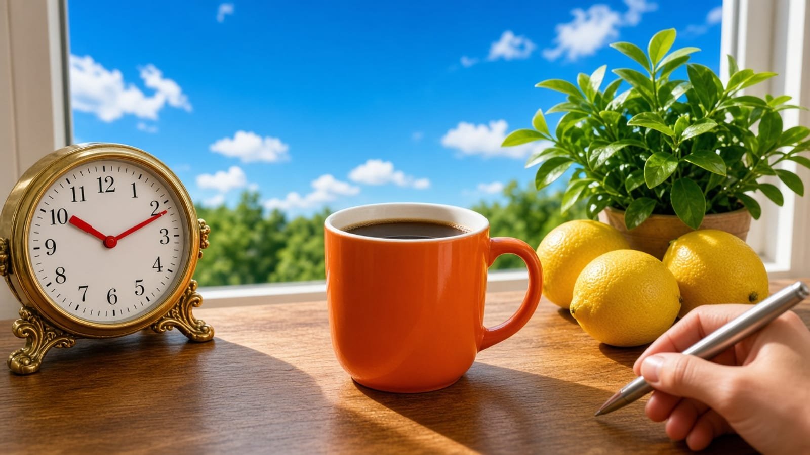 A red-handed clock beside an orange mug and yellow lemons on a news desk