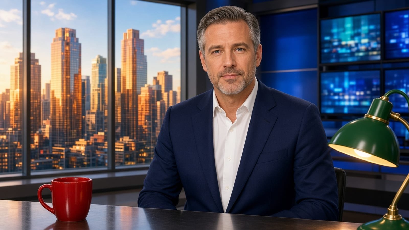 A Friday midday news desk with a red mug, green lamp, and orange towers