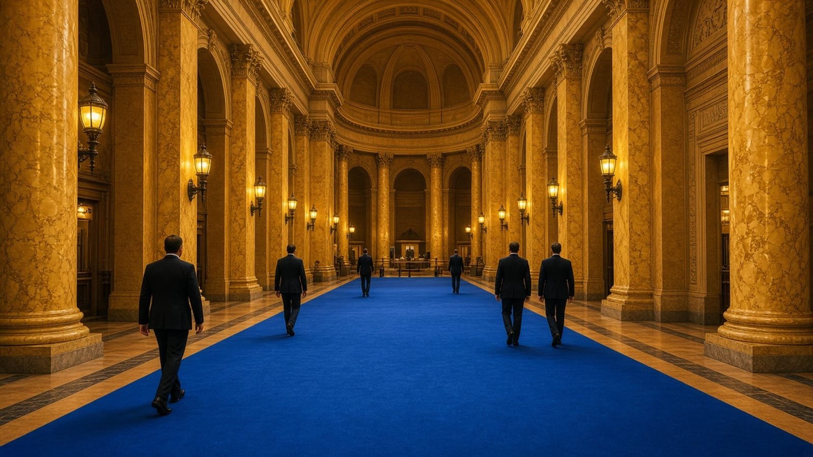 A gold National Archives rotunda with royal-blue carpet and amber lamps