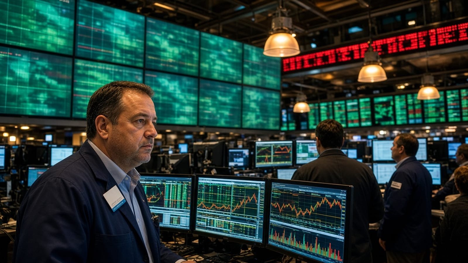 A closing-bell trading floor with teal and green tickers and amber lights