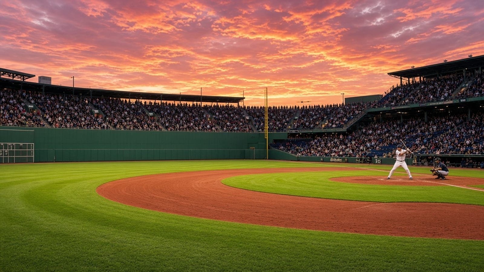 Fenway at sunset with green grass, a green wall, and an orange sky