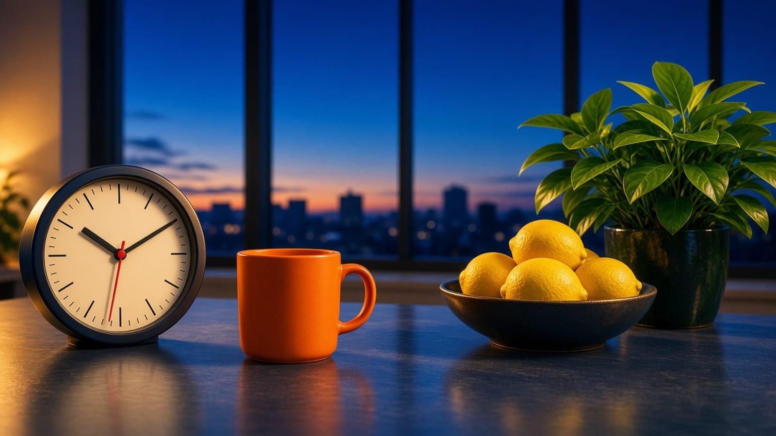 A red-handed clock beside an orange mug, yellow lemons, and a green plant