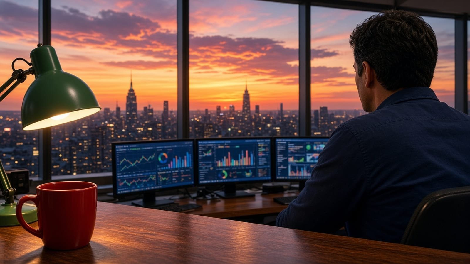 A Friday evening news desk with a red mug, green lamp, and orange sunset skyline