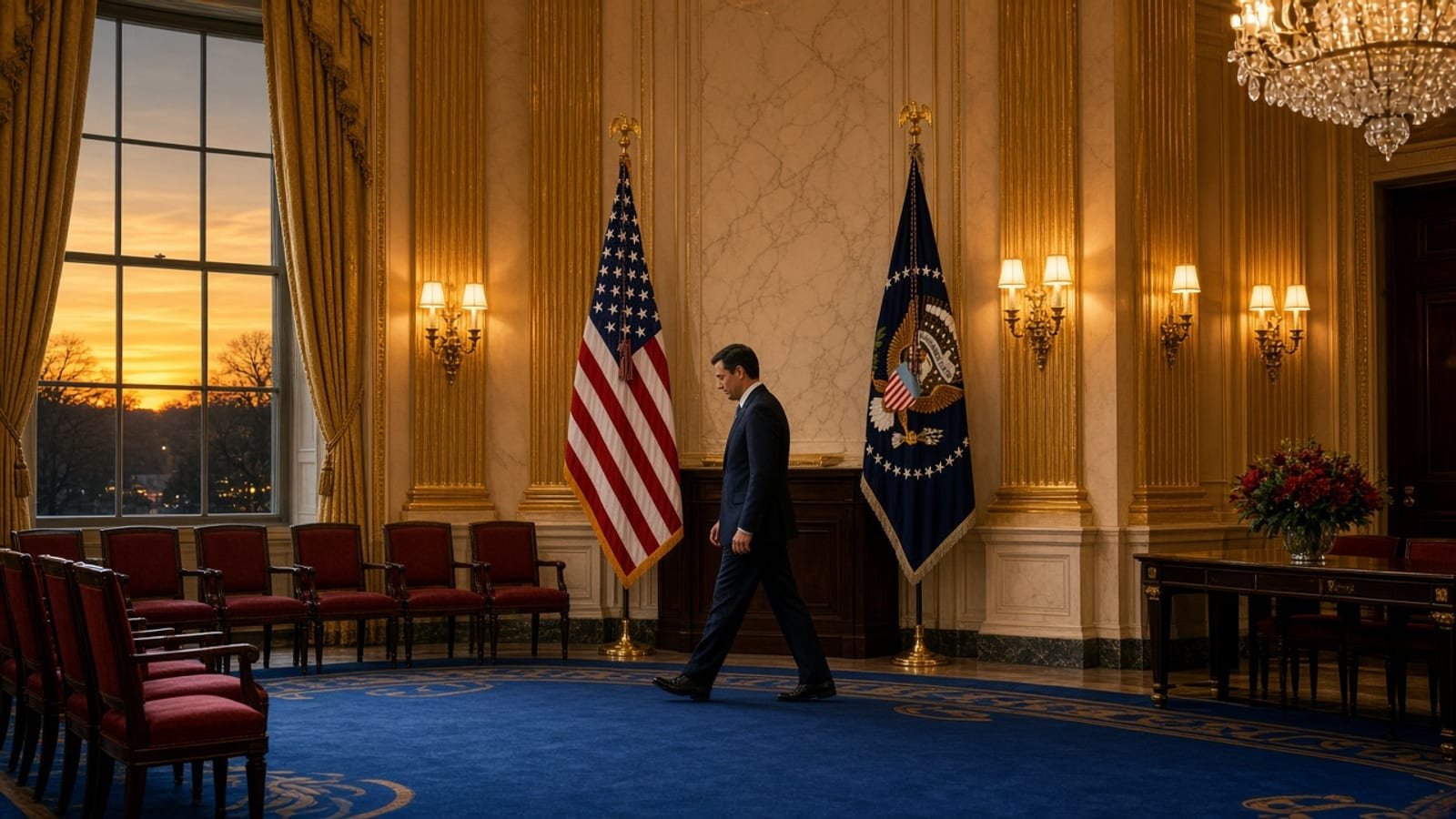 A gold White House briefing room with royal-blue carpet and amber lamps