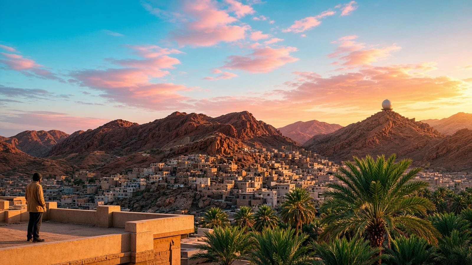 An orange-pink Saudi mountain dawn with green palms and a distant radar dome