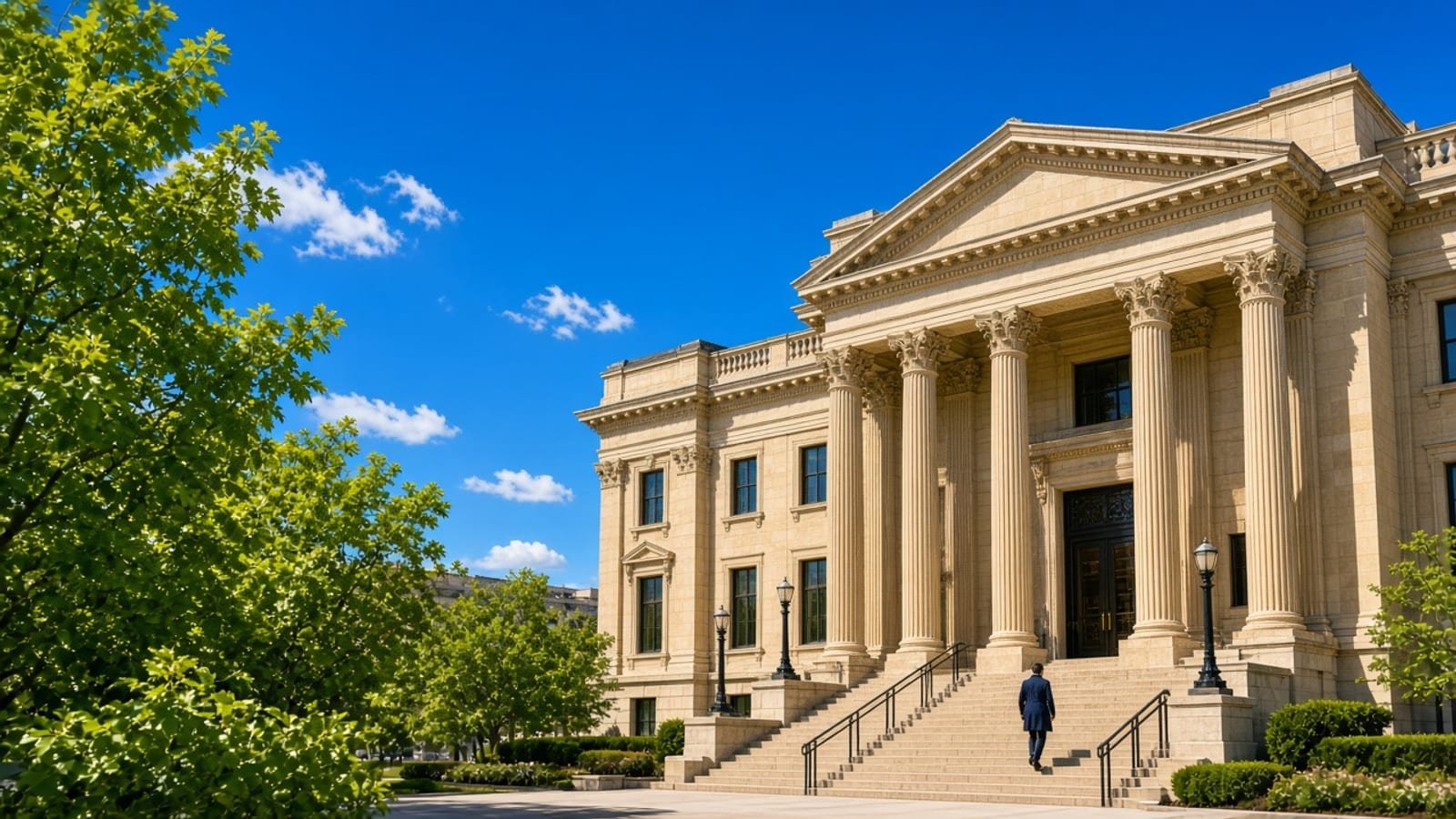 A gold Kansas City courthouse under a cobalt sky with green trees
