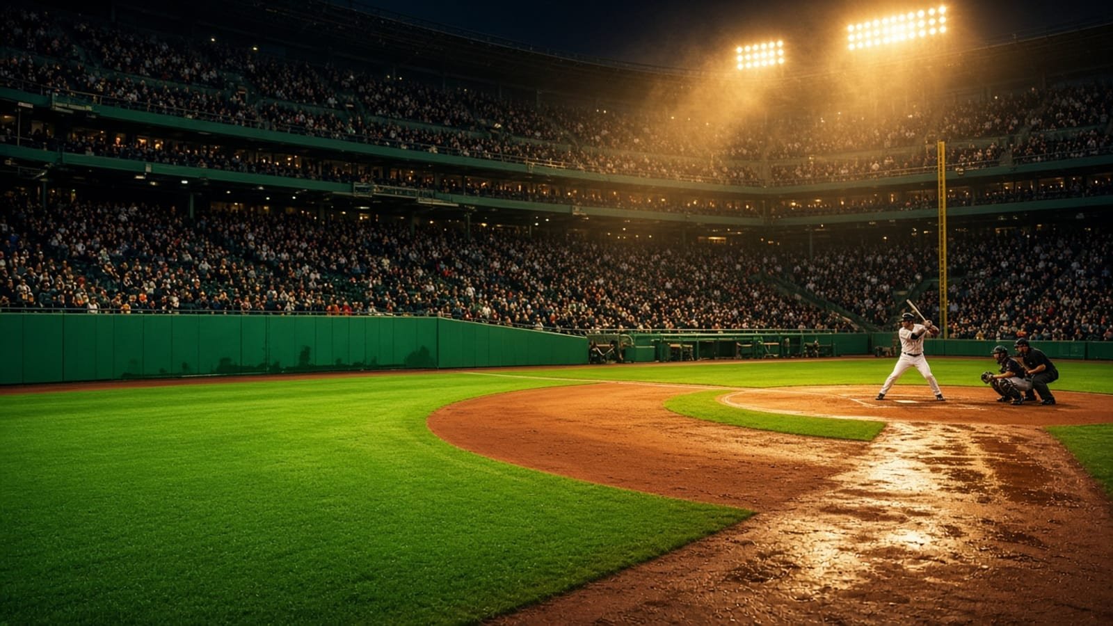 Fenway at night under gold floodlights with green grass and a green wall