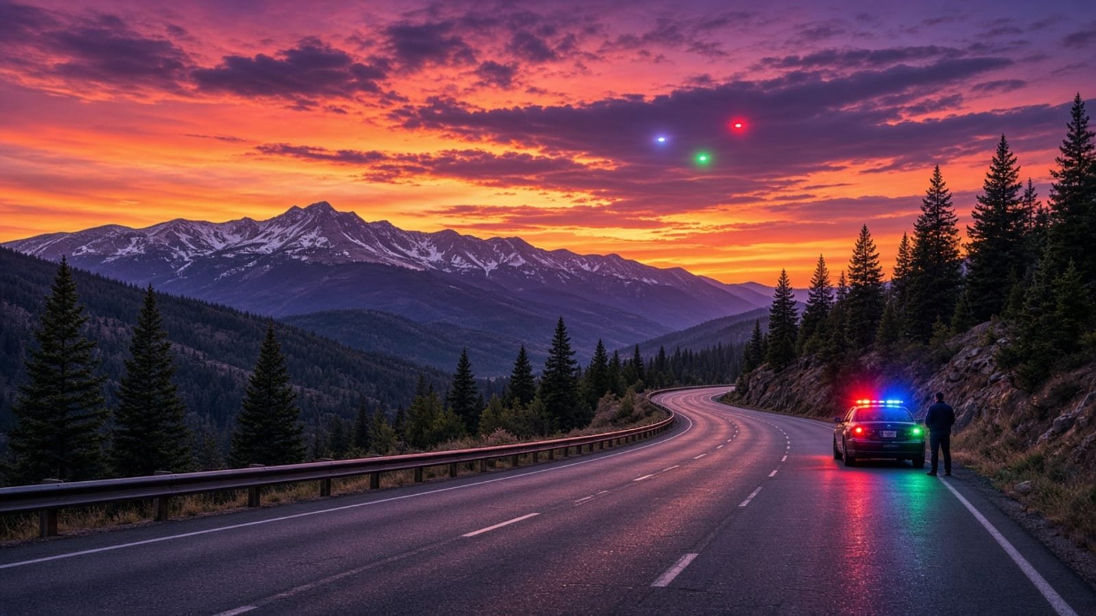 An orange-magenta Colorado sunset over green pines with red, blue, and green lights