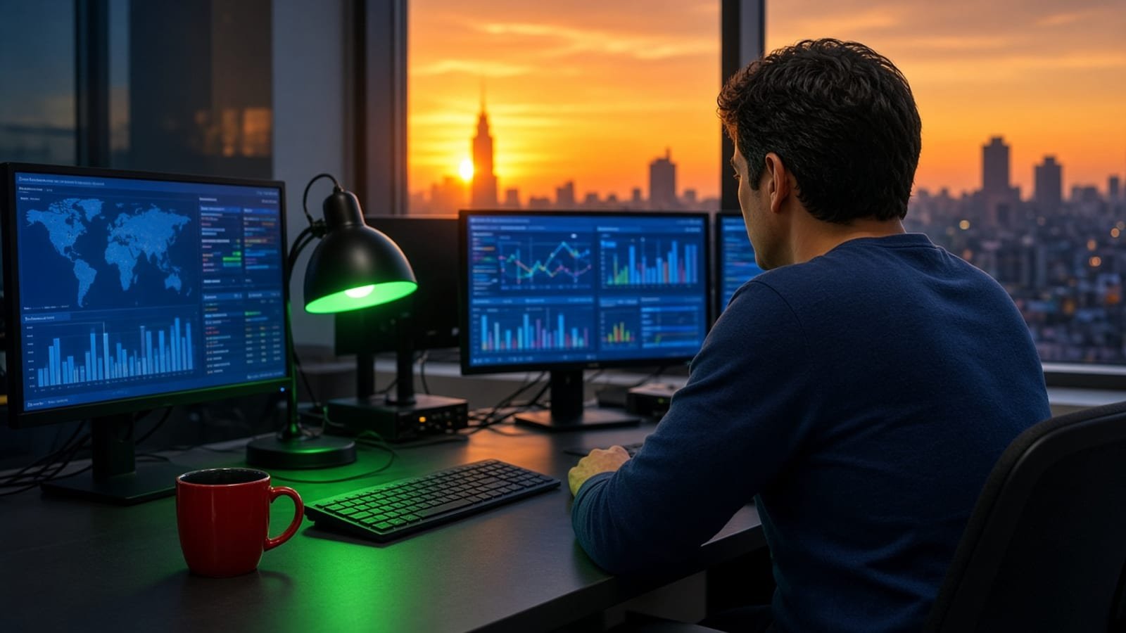 A Saturday morning news desk with a red mug, green lamp, and orange sunrise towers