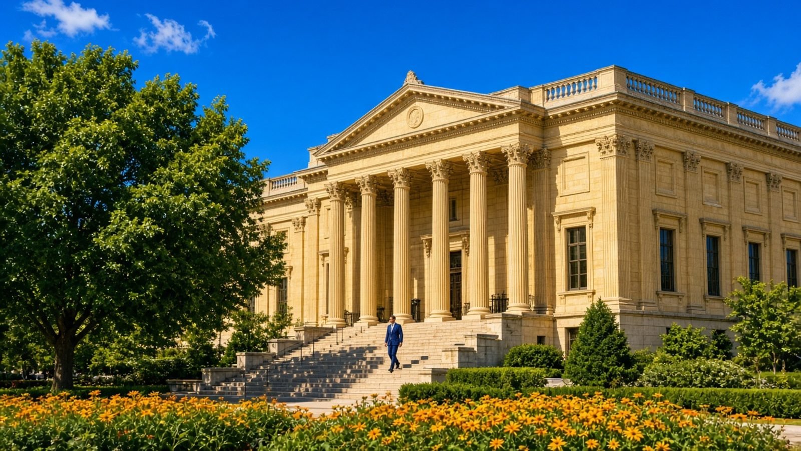 A gold Baltimore courthouse under a royal-blue sky with green trees and orange flowers