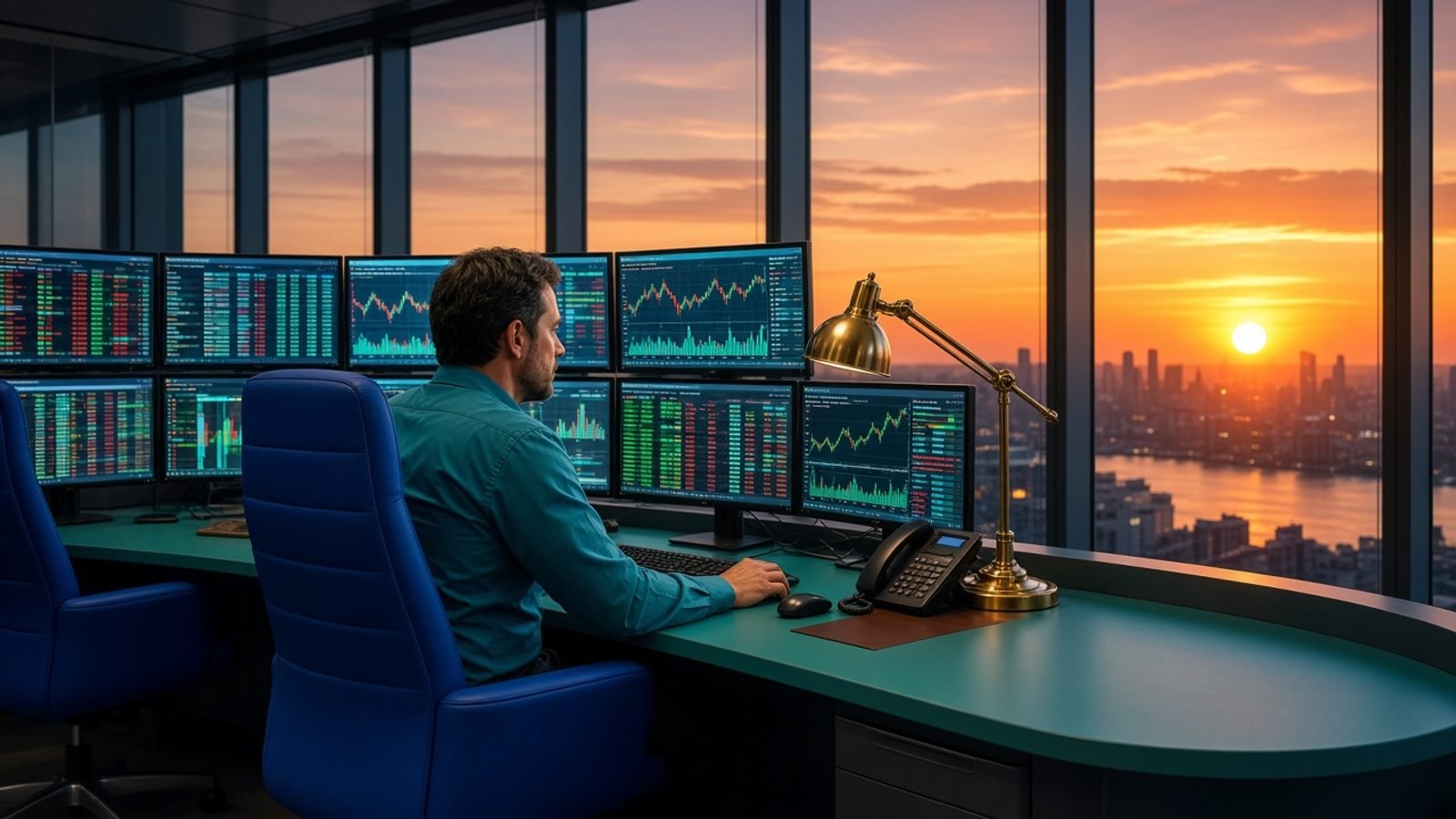 A teal-shirt trader at a royal-blue chair with colorful screens and an orange sunset skyline
