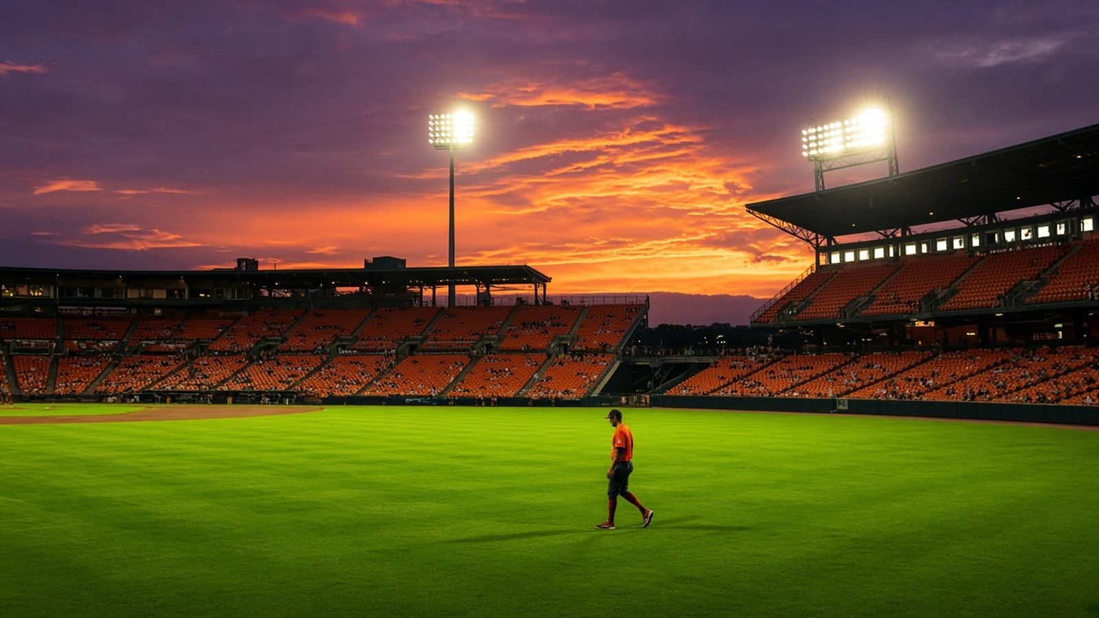 A player in orange on green grass under gold floodlights and an orange-purple stadium sunset
