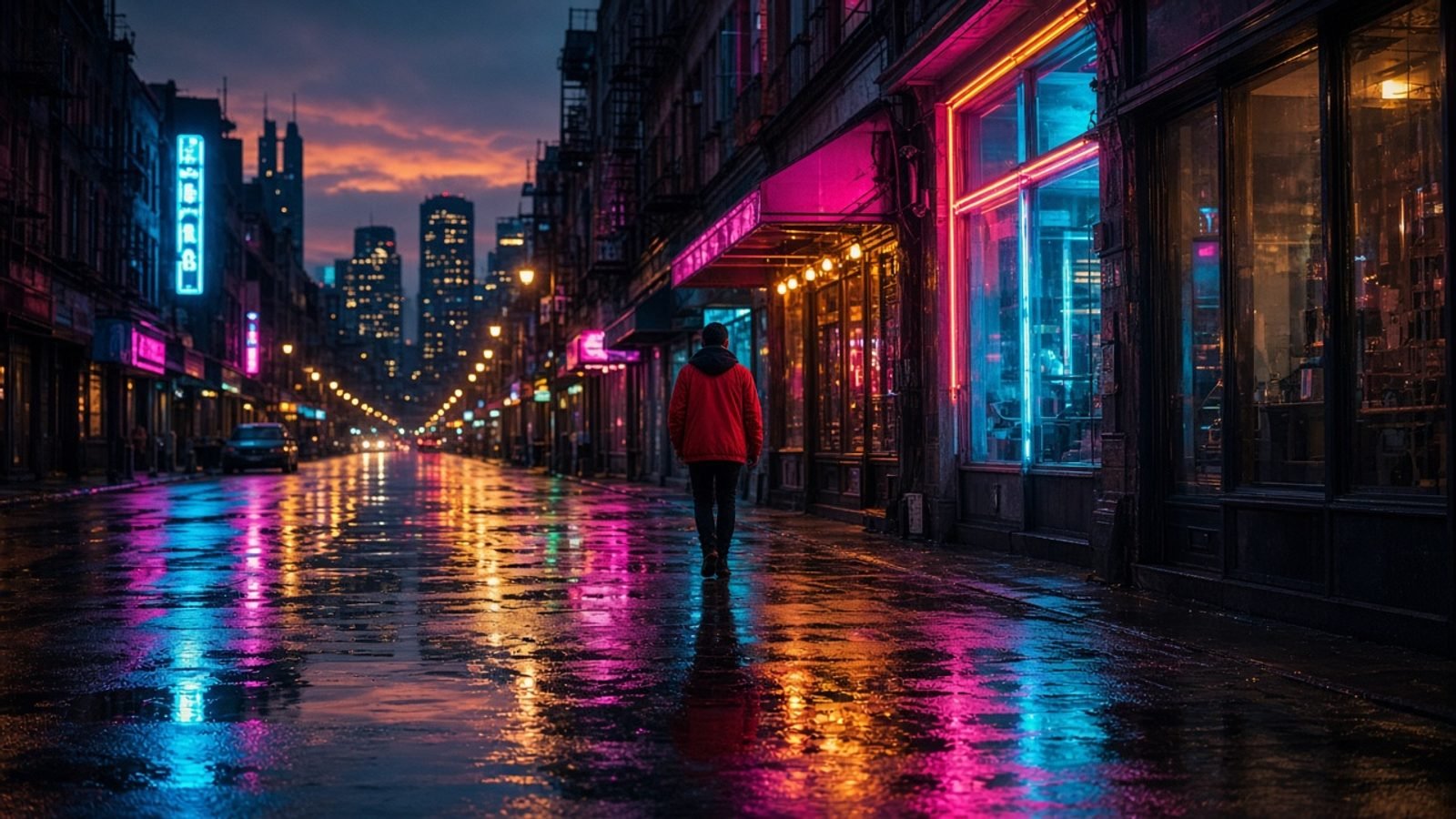 A person in a red jacket on a wet neon street of cyan and magenta reflections