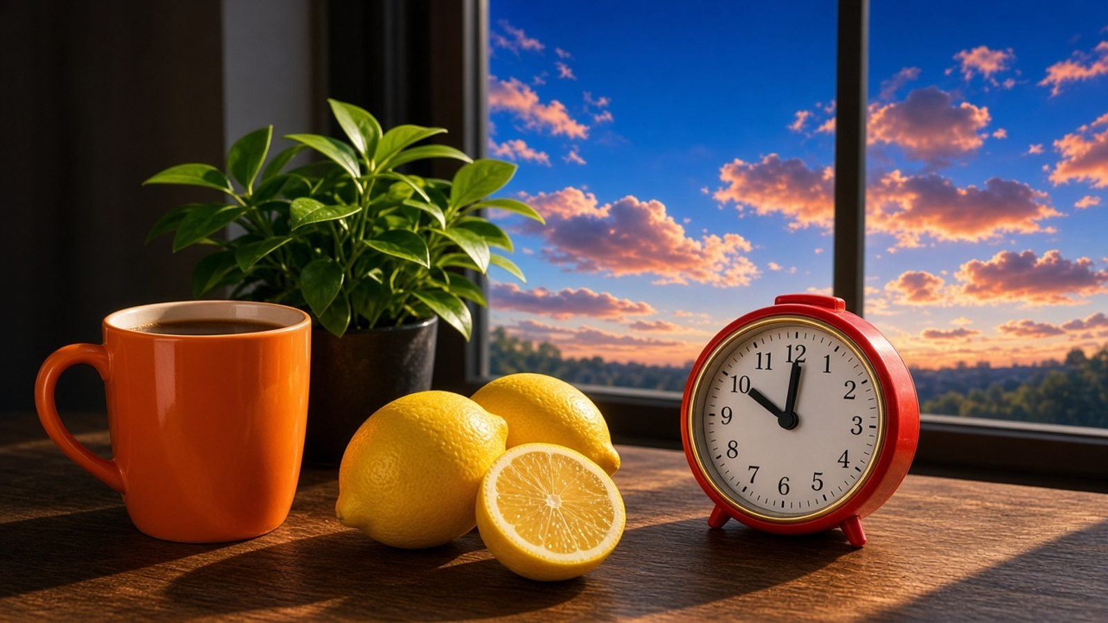 A red-handed clock beside an orange mug, yellow lemons, and a green plant