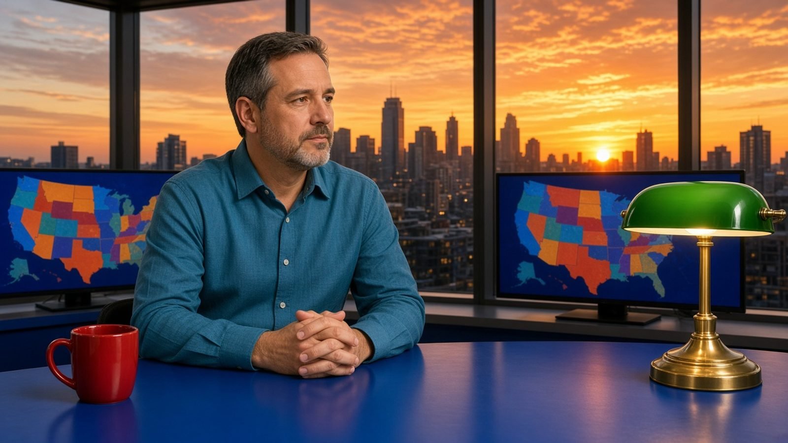 A Saturday midday news desk with a red mug, green lamp, and orange sunset skyline
