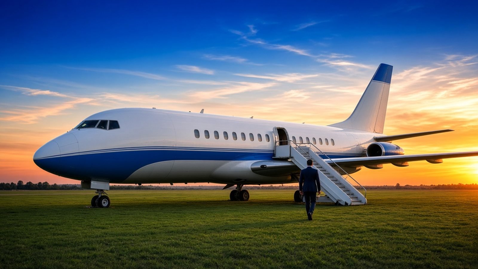 A person in a navy suit walking toward a white-and-blue jet on green grass under an orange sunset