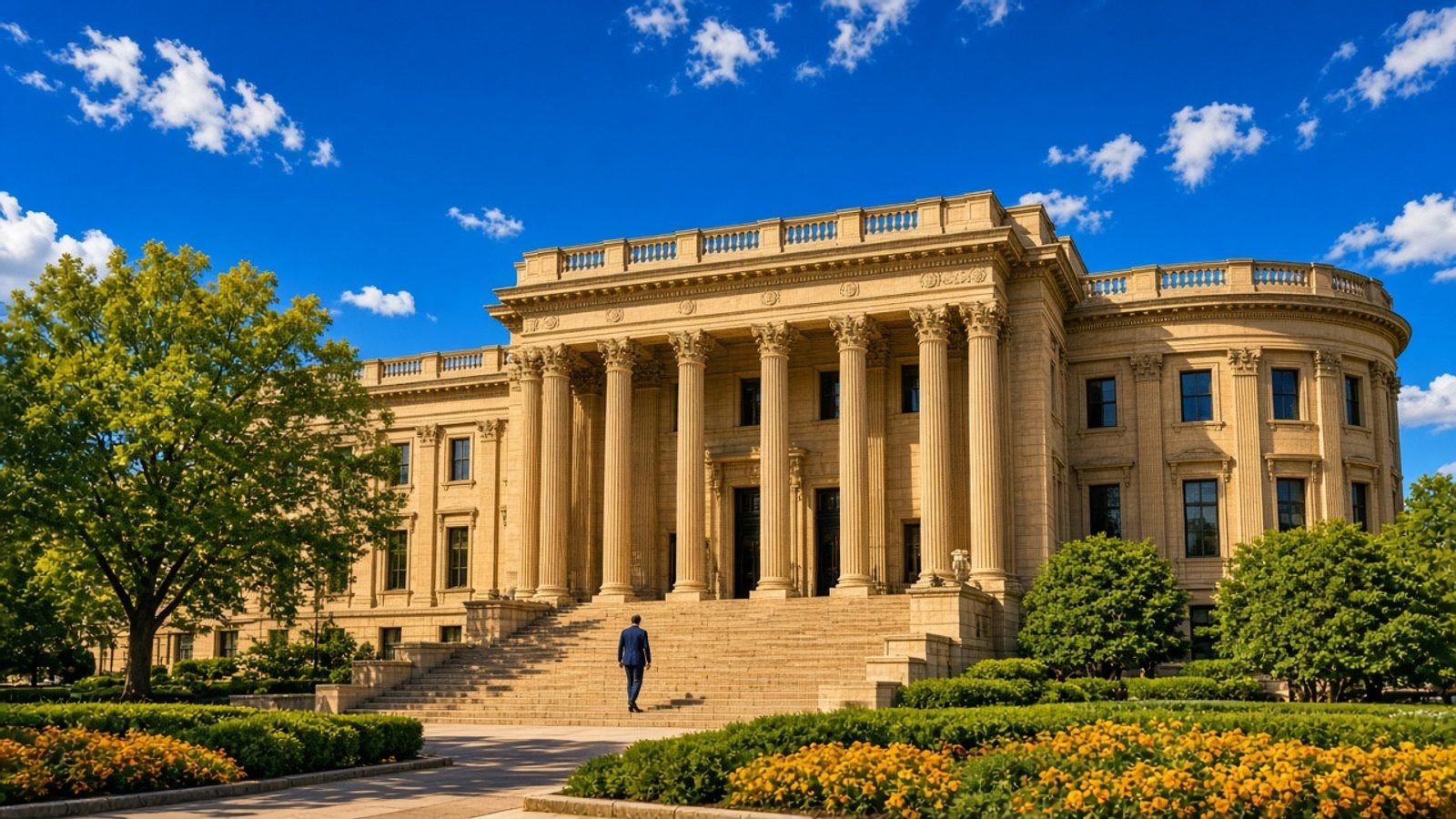 A gold Boston courthouse under a royal-blue sky with green trees and yellow flowers