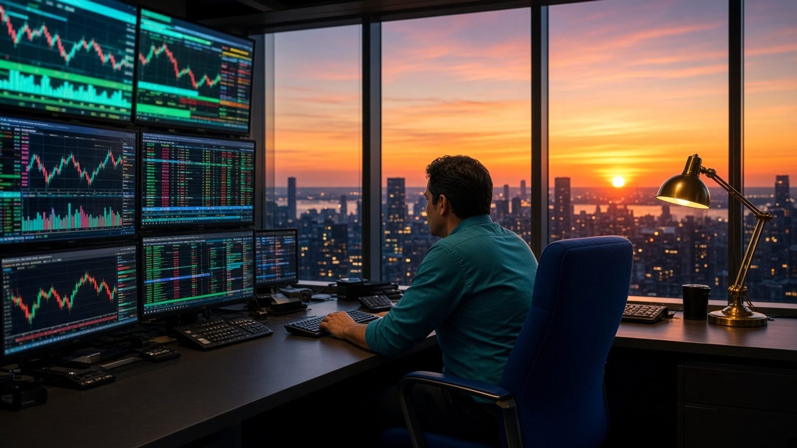 A teal-shirt trader at a royal-blue chair with colorful screens and an orange sunset skyline