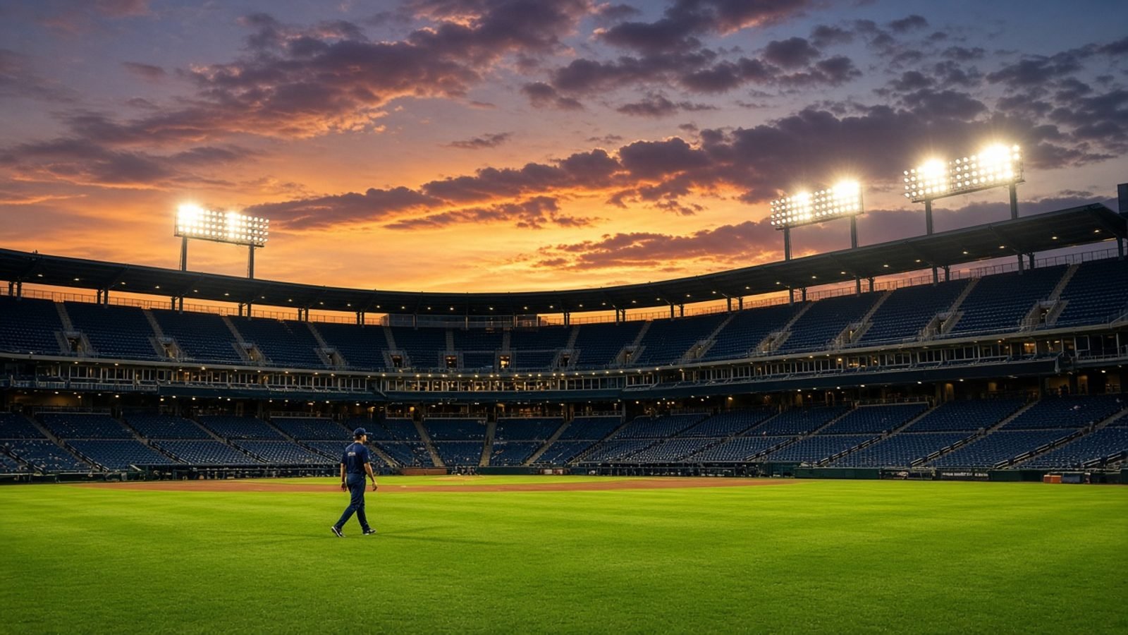 A player in navy on green grass under gold floodlights and an orange-purple stadium sunset