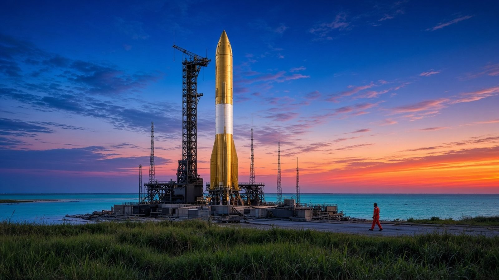 A gold-and-white rocket on a Florida pad under a cobalt twilight sky with turquoise water