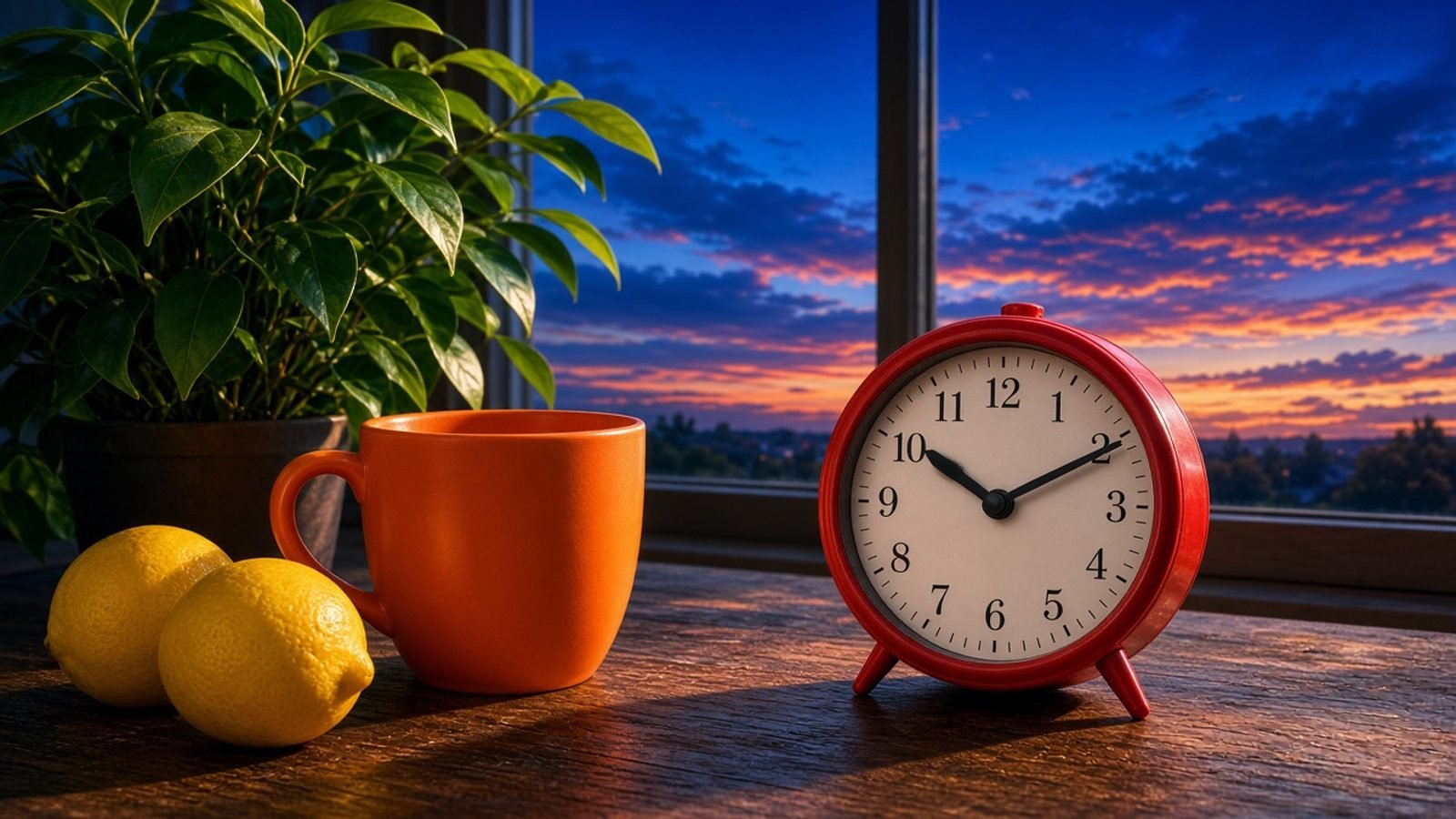 A red-handed clock beside an orange mug, yellow lemons, and a green plant