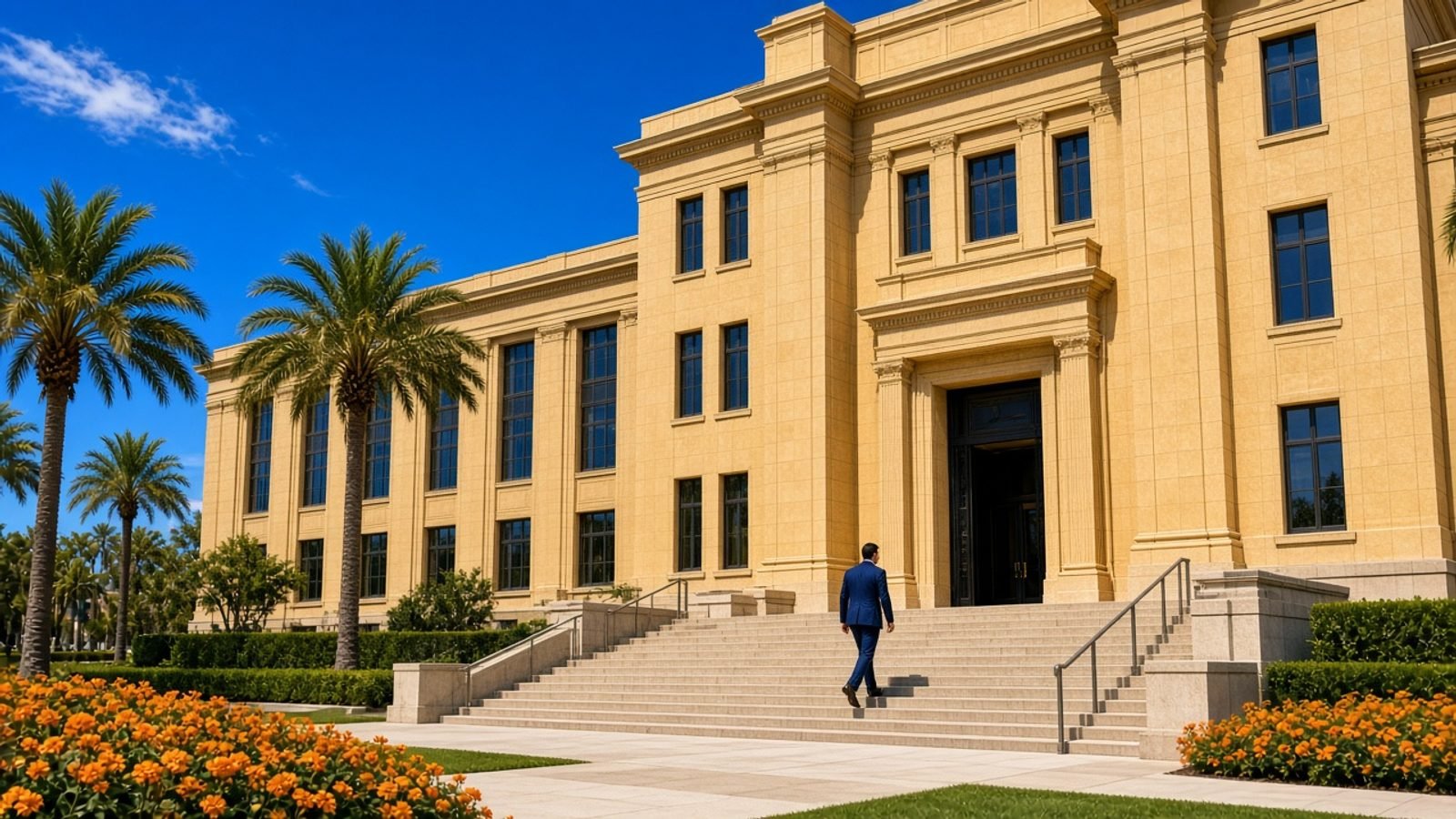 A gold San Diego courthouse under a royal-blue sky with green palms and orange flowers