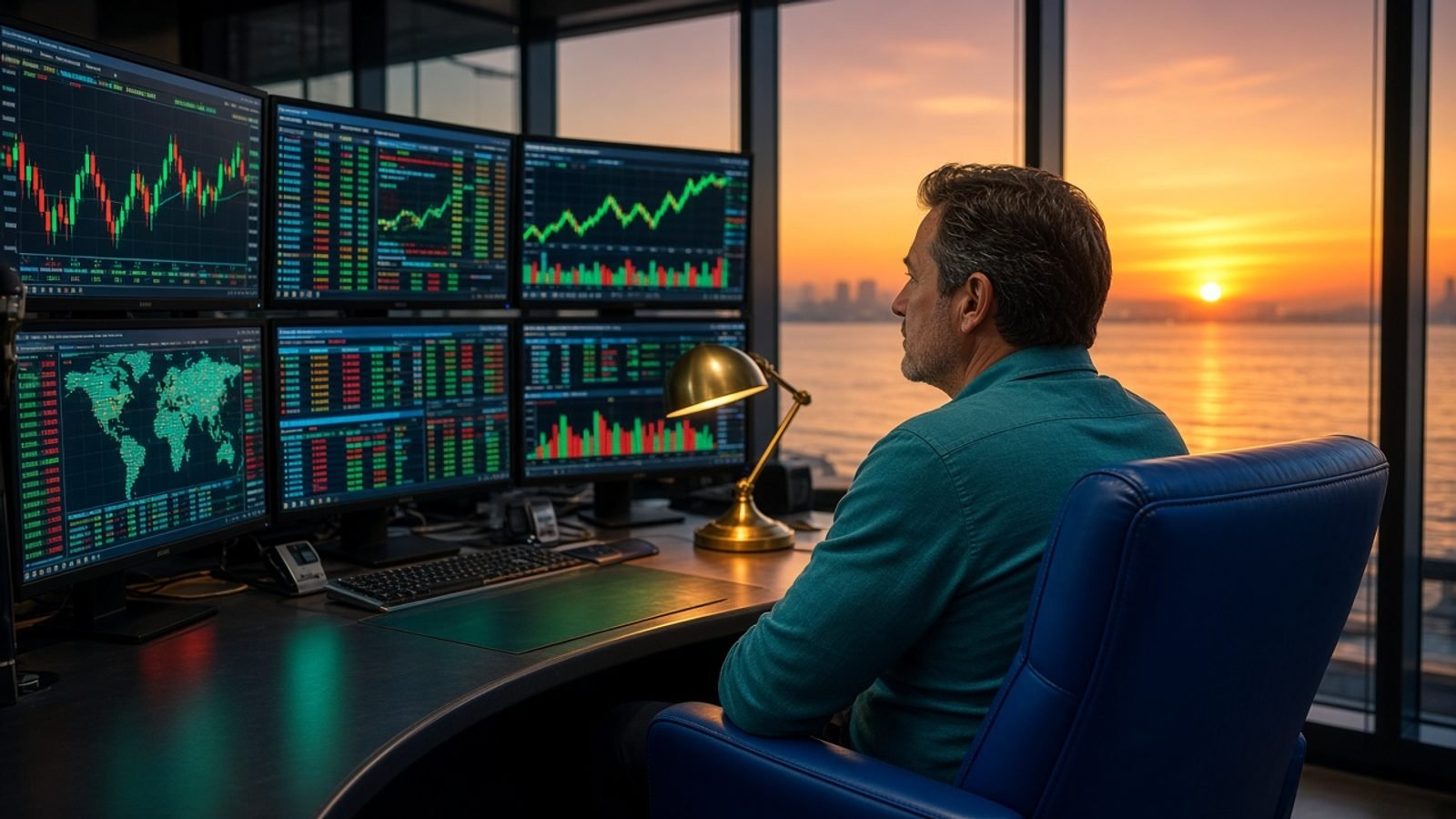 A teal-shirt trader at a royal-blue chair with colorful screens and an orange sunrise over water