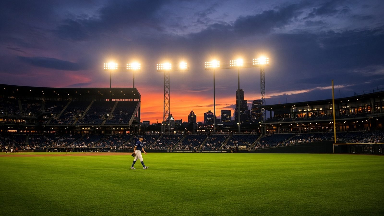 A player in navy on green grass under gold floodlights and an orange stadium sunset