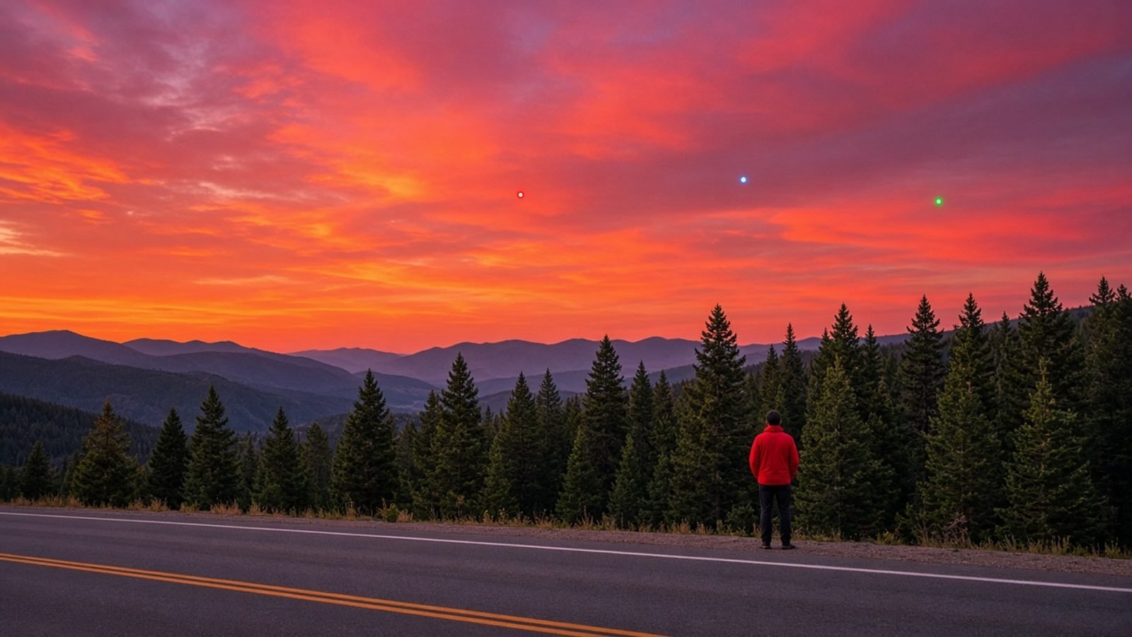 A person in a red jacket under an orange-magenta Colorado sunset with red, blue, and green lights