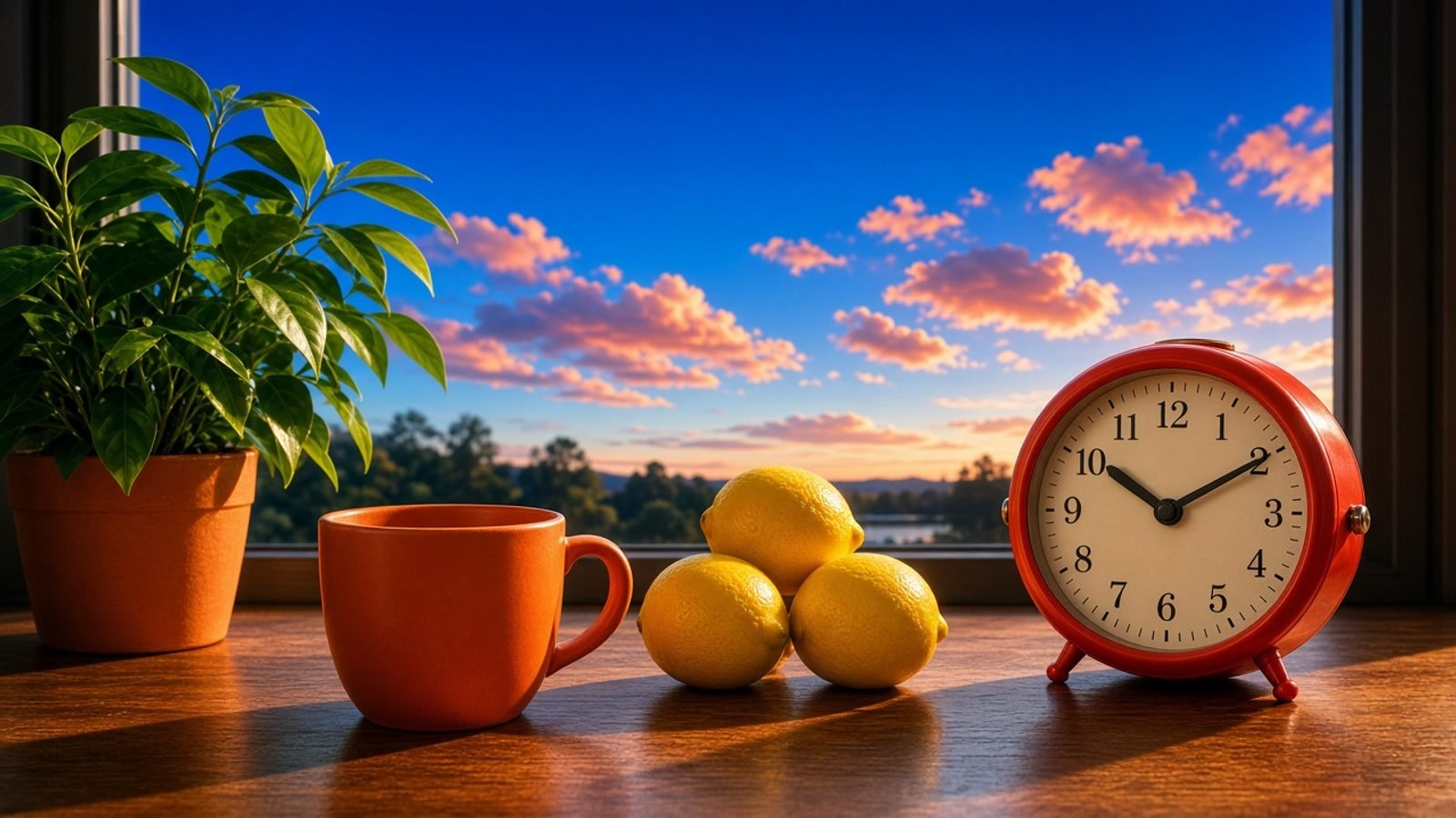 A red-handed clock beside an orange mug, yellow lemons, and a green plant