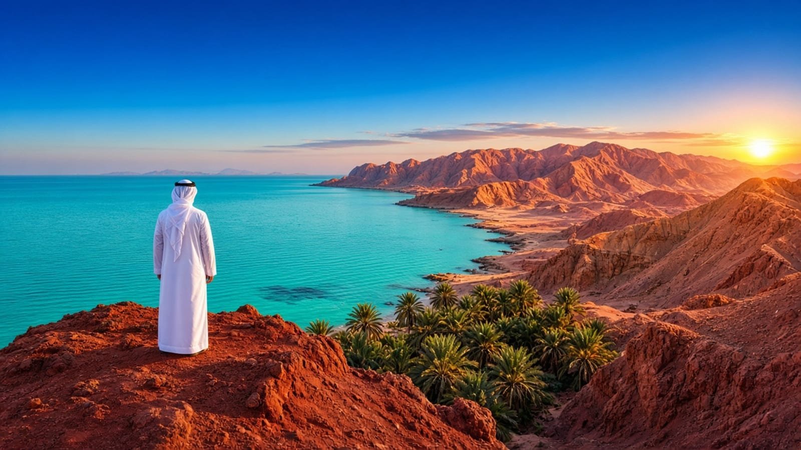A person in white above turquoise water, green palms, and rust-red mountains at orange dawn