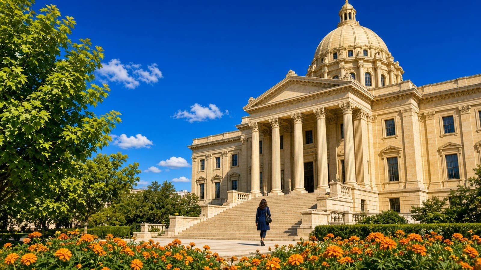 A gold courthouse under a royal-blue sky with green trees and orange flowers