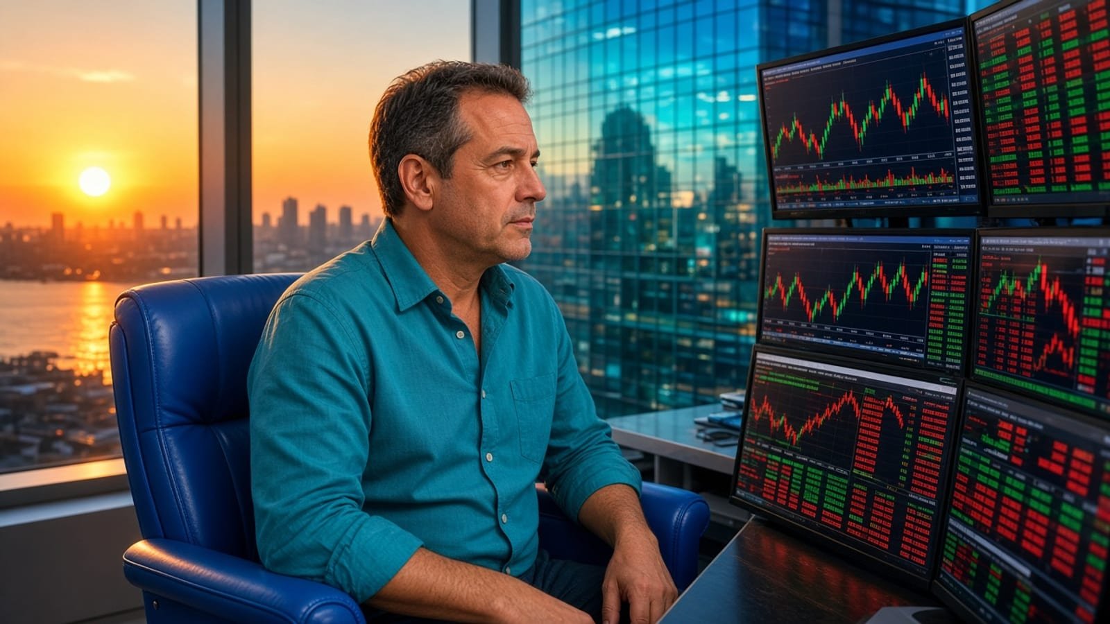 A teal-shirt trader at a royal-blue chair with colorful screens and an orange sunset window