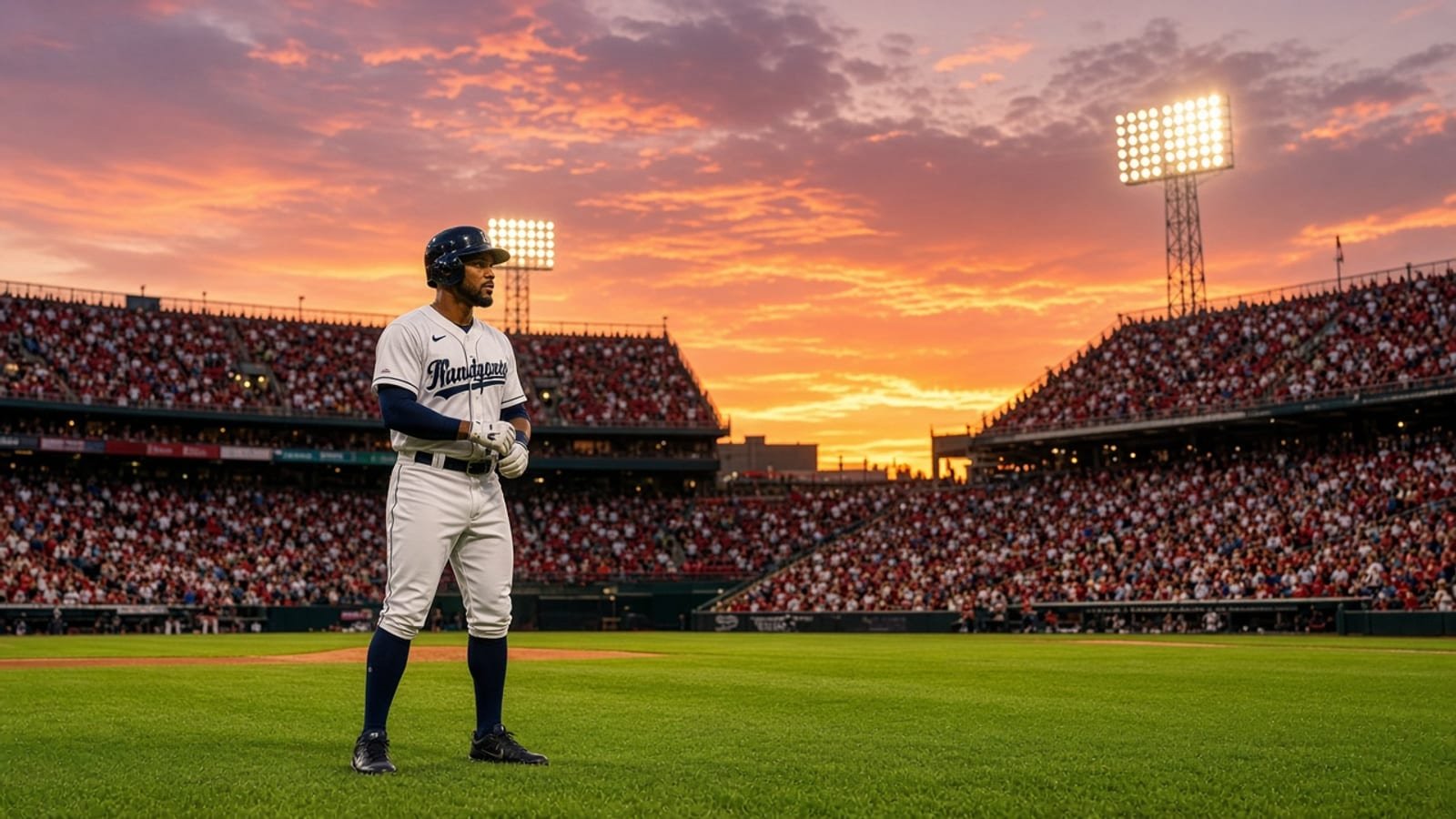 A baseball player on vivid green grass under an orange sunset and warm stadium lights