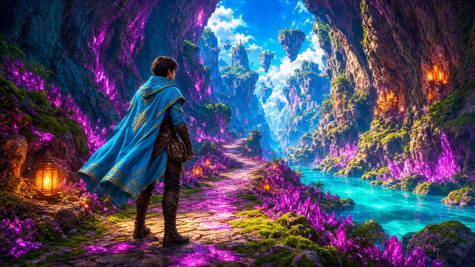 A person in a cyan cloak on a magenta-and-gold canyon path with turquoise water